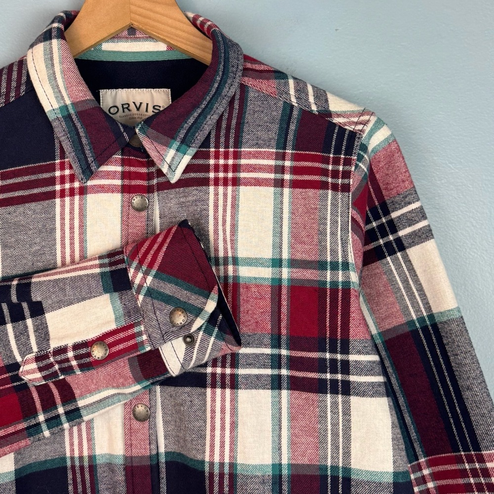 Orvis Pinnacle Fleece Lined Flannel Shacket Women Medium Plaid Snap Shirt Jacket